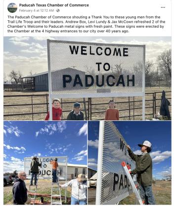 SIGN US UP! The Paducah Chamber of Commerce posted thanks on their Facebook page to the Trail Life Troop and their leaders for repainting the city’s Welcome to Paducah signs, which were first mounted at the highway entrances to the town more than four decades ago. | PADUCAH TEXAS CHAMBER OF COMMERCE