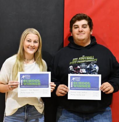 SCHOLARSHIP WINNERS Congratulations to Tyne Marshall and Andrew Stafford for being named the 2021 Motley County High School Heisman scholarship winners. | COURTESY PHOTO