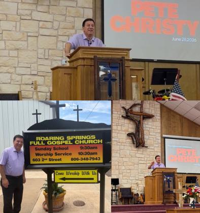 KCBD NewsChannel 11 sportscaster Pete Christy appeared at the Roaring Springs Full Gospel Church Sunday and delivered a sermon. There was a potluck meal and fellowship following the service. | COURTESY PHOTO