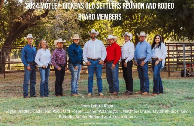 RODEO BOARD for the upcoming 101st Motley-Dickens Old Settlers Rodeo and Reunion are, from left, Logan Bradley, Cally Jean Pool, Cliff Foster, Conner Washinton, Matthew Cruse, Taylor Phillips, Kevin Brendle, Bobby Holland, Krista Francis. | KRISTA FRANCIS PHOTOS