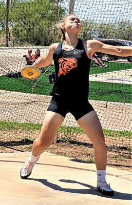 GOING THE DISTANCE Paducah’s Talon Blount, who went to State in discus last year as a freshman, is back in fine form—winning the District discus competition Friday in Jayton. Caprock Country schools Paducah, Guthrie and Motley County competed at the District meet; dozens of tracksters advanced to the Area meet, which will be held April 20 in Petersburg. | CAPROCK COURIER PHOTOS