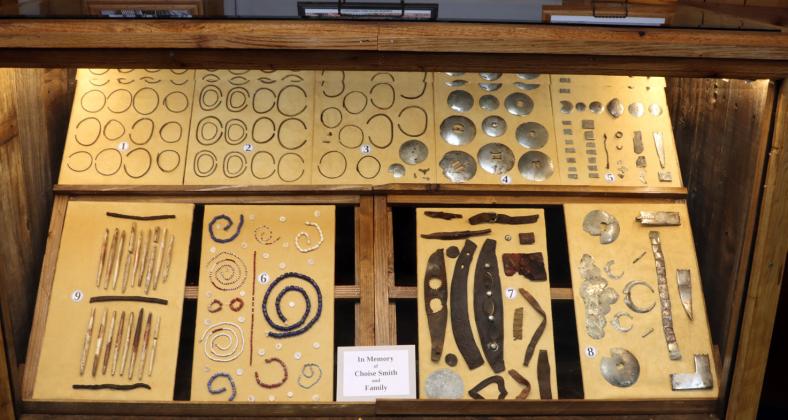 A NEW EXHIBIT of trade goods has been set up at the ComancheroCanyonsMuseum in memory of Choise Smith and family. On display are brass trade bracelets, horse gear, trade beads from Europe, hair pipe beads, conchas, and naja, a piece of metal similar to a half moon shape, which guards against the evil eye. Learn more via an in-person visit to the museum, open Saturdays year round from 10 a.m. to 4 p.m. | COURTESY PHOTOS