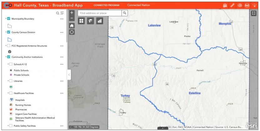 BROADBAND MAP A searchable map with data aggregated by Connection Nation Texas is available at https://connectednation.org/hall-countytexas/#infrastructure. | CONNECTION NATION TEXAS