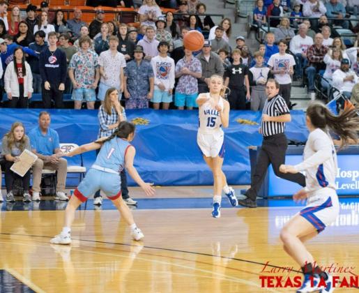 VALLEY VICTORY The Valley Lady Patriots defeated Borden County in the first round of the Regional Tournament at South Plains College Friday, 55–47. Sophomore Reese Cruse (#12) posted a game-high 19 for Valley, and senior Charlie Pointer (#15) had 11. | TEXAS 1A FAN
