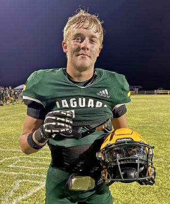 Senior Kaleb Green earned the Texas 1A Fan Helmet Sticker following the Guthrie Jaguars’ 45-0 win over Woodson Sept. 11, bringing their season record to 2-1. | TEXAS 1A FAN PHOTOS