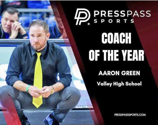 to Valley boys basketball coach Aaron Green for being named Coach of the Year by Press Pass Sports. | COURTESY GRAPHIC