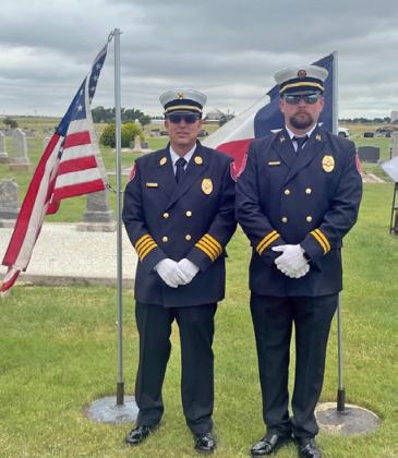 SVFD CHIEF JODEE ROBISON AND CAPTAIN ROBERT HERZBERG presentedthecolors and led the pledge of allegiance to the U.S. flag at the Memorial Day ceremony in Silverton. | WYLIE BOMAR PHOTOS