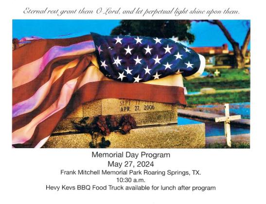 Memorial Day program slated for May 27 in Roaring Springs