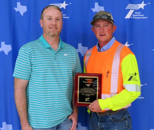 EMPLOYEE OFTHEYEAR Reagan Elliott, equipment operator for TxDOT’s Motley County maintenance office, was the recipient of the Terry L. Keener award, which goes to employees in support and field services. | COURTESY PHOTO