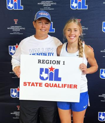 Valley’s Hartley Battey, shown with Coach Amy Bowles (left), placed in the top 10 with a time of 13:26.2 at the Regional cross country meet last week in Lubbock, qualifying her for State competition. | COURTESY PHOTO