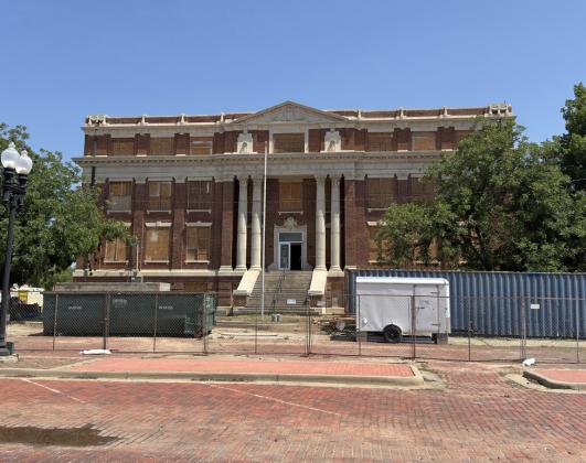 COURTHOUSE COMPLETION CLOSE Work on the historic Hall County courthouse in downtown Memphis is closing in, said County Judge Ray Powell, with completion expected this December. The 22,123–square-foot courthouse, built in 1924, is a Classical Revival design with four levels, featuring red brick with cream-colored cast stone trim, elaborate entry pavilions, tall composite columns, and decorative festoons. | CAPROCK COURIER