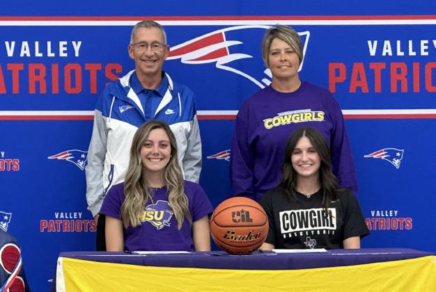 VALLEY LETTERS OF INTENT Congratulations go to Valley’s Reese Cruse and Anna Ferrel as they signed letters of intent to play basketball at Hardin-Simmons University this fall, withValley coaches Greg Ramsey and Amy Bowles looking on. | COURTESY PHOTO