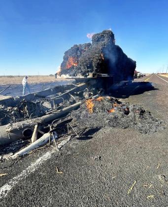 COTTLE FIRE A hay truck burned last week on Highway 83 at the King/Cottle County line. TxDOT worked with the Paducah Volunteer Fire Department and the King County Fire Department to keep the traveling public and first responders in a safe zone during the incident. | COURTESY PHOTO
