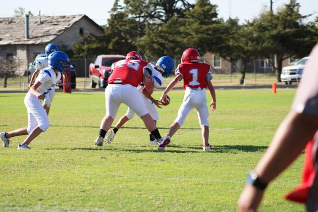 JUNIOR HIGH OWLS VICTORY The Nazareth Swifts were not so swift against the aggressive Silverton defensive line, evidenced by the Swifts’ fumble caused by #45 Jared Gamble and #1 Brady Holt, leading to an Owls 32-6 final. | COURTESY PHOTO BY APRIL HOWELL