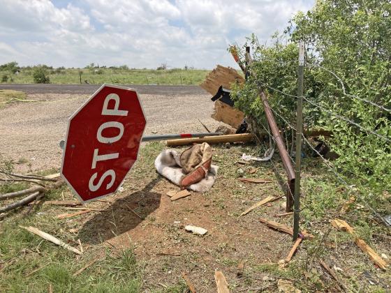 Wednesday evening’s tornado left a trail of mangled traffic signs and debris across Highway 70 just south of Matador.