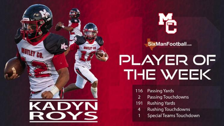 Congratulations go to Kadyn Roys of Motley County, 6 SixManFootball.com Player of the Week. | COURTESY GRAPHIC
