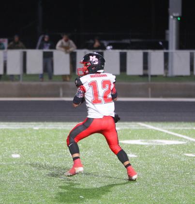 BI-DISTRICT IN BENJAMIN Senior Colin Glass and Junior Kadyn Roys were a part of the Motley County Matadors’offensive attack in the bi-district playoff game Thursday night in Benjamin. The Matadors fell short to the Mustangs, 56-6. | COURTNEY MENDOLA PHOTOS