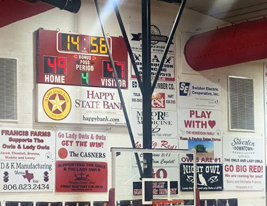 LADY OWLSWIN The Silverton varsity girls basketball team took two crucial district wins last week. On Tuesday, Brenna Francis tallied 24 points for Silverton in a 55-39 win against White Deer, and on Friday the Lady Owls survived a scare from the Claude Lady Mustangs to prevail 49-47. | COURTESY PHOTO