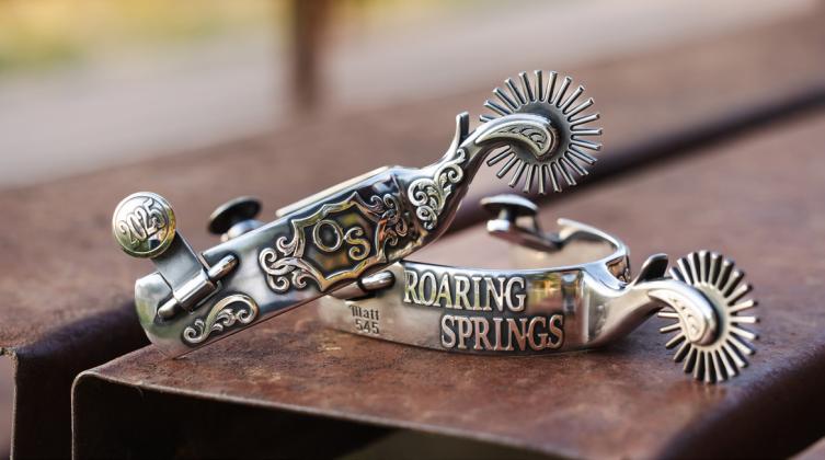 KEEPSAKE SPURS Supporters of the Motley-Dickens Old Settlers Reunion and Rodeo may buy chances on this handsome, handmade set of Matt Humphreys spurs from MDOS Queen contestants. | KRISTA FRANCIS PHOTO