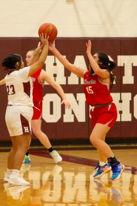 LILY ACEVEDO WITH THE STEAL to shut out the Hart Lady Horns in a district matchup Friday night.