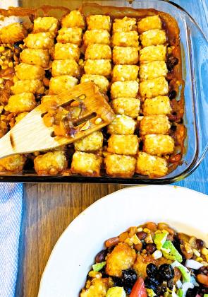 TIPS FOR TOTS Bake these premade, frozen shredded-potato favorites into a meaty, mouth-watering one-dish meal. ANGELINA LaRUE PHOTO