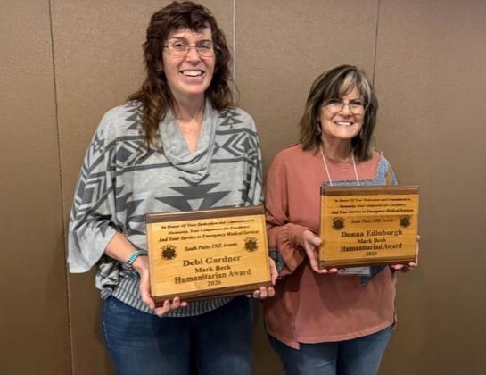 SELFLESS SERVICE McAdoo’s Debi Gardner, left, and Donna Edinburgh of the Dickens Emergency Management Service were both recognized April 11 with the Mark Beck Humanitarian Award. McAdoo volunteers often assist departments in neighboring counties in the area as well. | COURTESY PHOTO