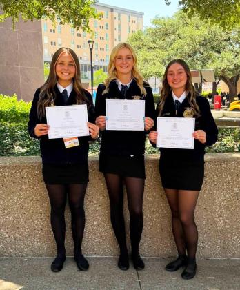 VALLEYATSTATEFFA Valley’s EmilyWilliams, Allie Pigg and Kenadi Green received their FFA Lone Star Degrees at the first session of the 98th Texas FFA State Convention, which was held July 6–10, 2026 in FortWorth.The event brought together more than 16,000 attendees. Others in attendance this year were Hartlee Battey, Tandy Hughes, Kamree Varnell, Addison Rhoderick, and Landri House. | COURTESY PHOTOS