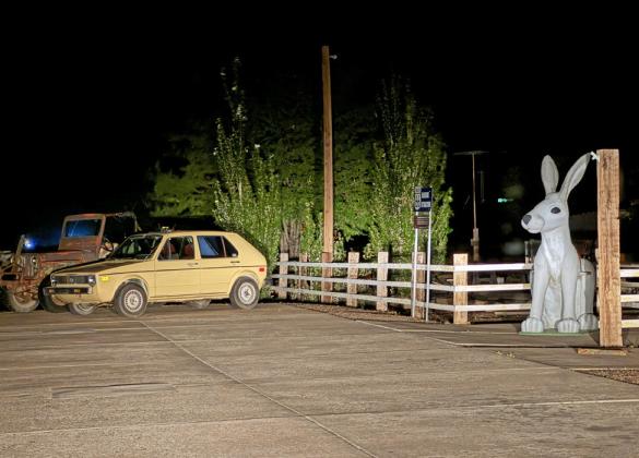 RABBITS OF DIFFERENT SORTS have multiplied at the Jackrabbit Route 66 gift shop in Sot. Joseph, Arizona. A scary-looking giant rabbit—saddled up for photo ops—was replaced some years ago with a happier one, and was joined by a VW Rabbit on the site.