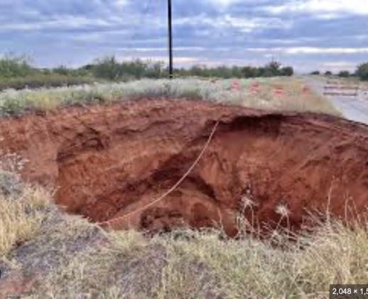 400 DUMP TRUCK LOADS of stone and dirt is what TxDOT estimates will be required to fill a 70-foot-feep sinkhole in rural Cottle County. | TxDOT FACEBOOK PAGE