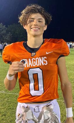 BEN CRUZ EARNS TEXAS 1A FAN HELMET STICKER during the Paducah Dragon 73-24 sweep of the Springlake-Earth Wolverines at home, Friday night, Sept. 5. | COURTESY PHOTO