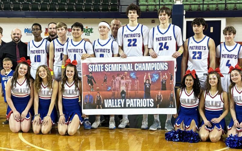 STATE BOUND The Valley Patriots defeated the Munday Moguls on Monday 44-33 to advance to the 1A-D1 State basketball championship Thursday at the Alamodome. The victory marks a back-to-back appearance by the Patriots, who fell last year to Perrin-Whitt, 65-46. On Thursday the Patriots will face Fayetteville Lions Thursday, March 12 at 11 a.m. at the Alamodome in San Antonio (results not available at press time; stay tuned to Caprock Courier on Facebook). | COURTESY PHOTO