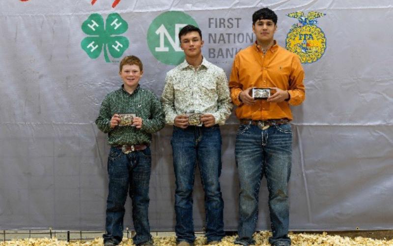 SWINE SHOWMANSHIP (LEFT TO RIGHT) JUNIOR RYKER BURSON INTERMEDIATE TRENTON FAIRCHILD SENIOR CAIN NARVAEZ