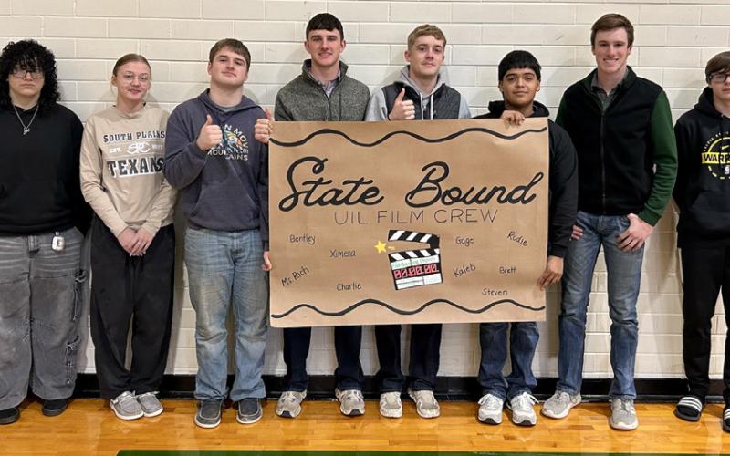STATE HONORS Guthrie is the only 1A school in the state to advance to the State UIL Film competition in Austin. From left, team members are Ximena Ruvalcaba, Bentley Marburger, Gage Worthington, Rodie Sanders, Kaleb Green, Steven Uribe, Charlie Loob and Brett Hardin. | COURTESY PHOTO