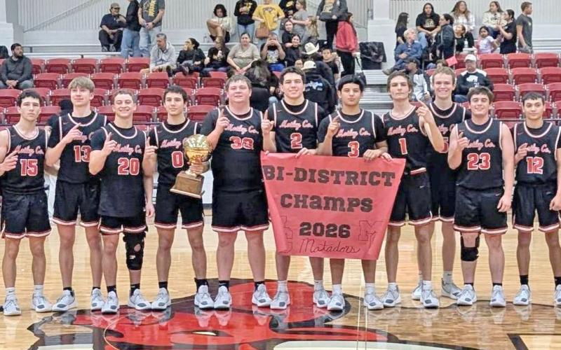 BI-DISTRICT CHAMPS The Motley County Matadors varsity boys basketball team won their bi-district playoff game Tuesday night defeating Petersburg 71-29. They advance to the Area round where they will face Sands Friday night at Roosevelt High School. | COURTESY PHOTO