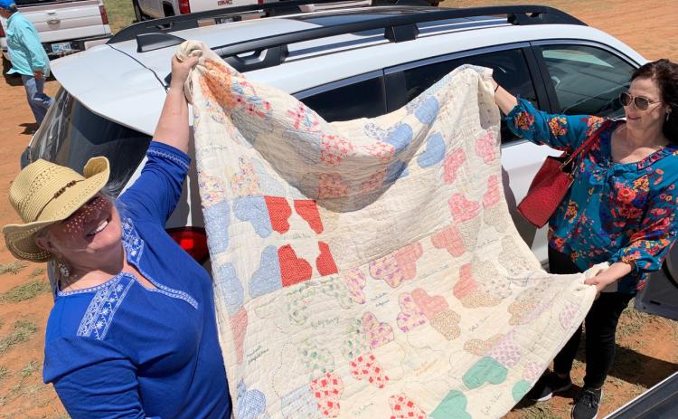 PIECING TOGETHER A MYSTERY Hanaba Welch, left, and Sandy Fuston put their heads together at church in Turkey the Sunday after Bob Wills Day, happy to think they would likely find a good place for a historic friendship quilt with Turkey connections. | PHOTO (SELFIE) BY HANABA MUNN WELCH