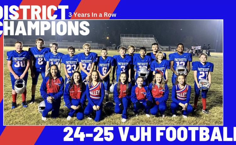3-TIME DISTRICT CHAMPS TheValleyJunior High Patriots sealed a District championship for the third year in a row on a soaking wet, rainy Patriot field Thursday night, winning 31-6 against the Petersburg Buffaloes. | KODIE FAIRCHILD