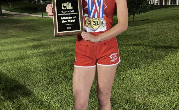 ATHLETE OF THE MEET Silverton’s Maddie Francis, a senior, was selected as the 1A Athlete of the Meet at the Texas UIL State Track Meet in Austin this past Saturday. She won the gold medal in high jump, after getting selected as the event’s wild card competitor; she also won the top award, the gold medal in 100 meter hurdles; and took the 2nd place silver medal in 300 meter hurdles. | COURTESY PHOTO