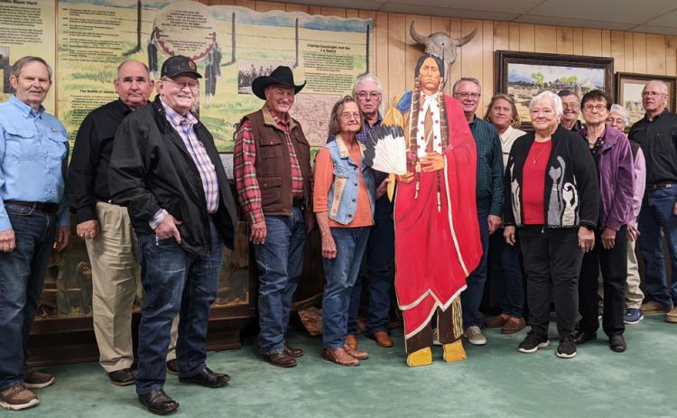 TRAIL SEEKERS at Comanchero Canyons Museum recently were museum president Jerry Leatherman, Bell Helwig, Jim Crownover, Duane Johnson, Marisue Potts and Rusty Etheredge, Standing Quanah of the Quanah Parker Trail project, Neal Odom, Rhonda Gallagher, Ada Lester, David Seitz, Melba Seitz, Dee Seitz, and Chris McClure. | PHOTO BY TAI KREIDLER