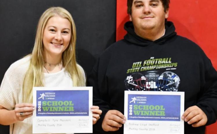 SCHOLARSHIP WINNERS Congratulations to Tyne Marshall and Andrew Stafford for being named the 2021 Motley County High School Heisman scholarship winners. | COURTESY PHOTO
