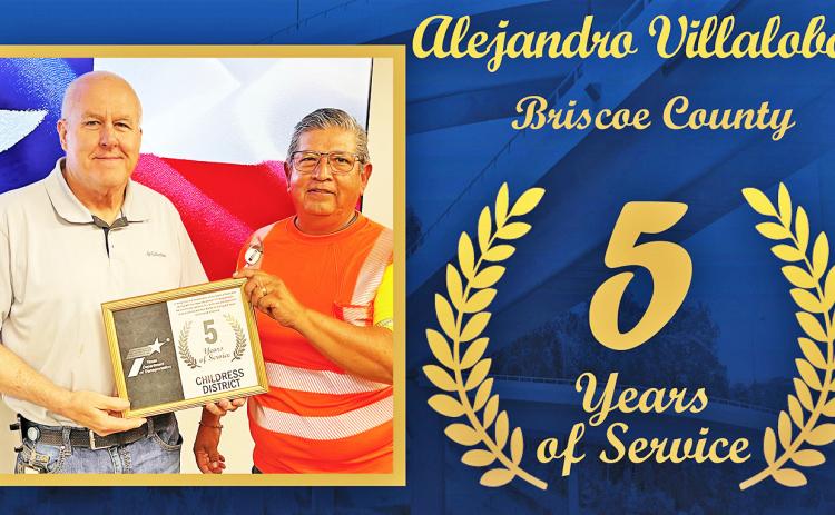 TXDOT HONORS Alejandro Villalobos, Briscoe County maintenance, right, accepts his five years of service award from Childress District Engineer, Darwin Lankford. | TXDOT PHOTO
