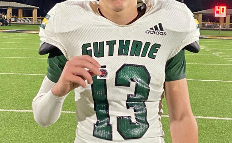 GUTHRIE STANDOUT Sophomore Joseph Killebrew of Guthrie was chosen as Texas 1A Fan helmet sticker winner for Week 8 football action in the Guthrie at Jayton game. | TEXAS 1A FAN PHOTO