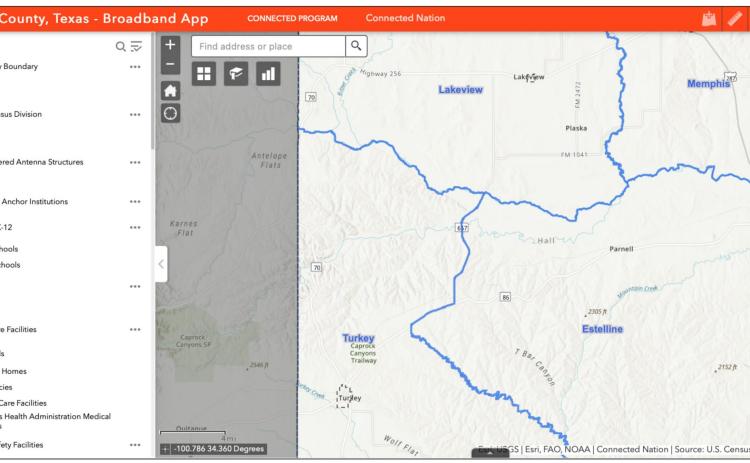BROADBAND MAP A searchable map with data aggregated by Connection Nation Texas is available at https://connectednation.org/hall-countytexas/#infrastructure. | CONNECTION NATION TEXAS