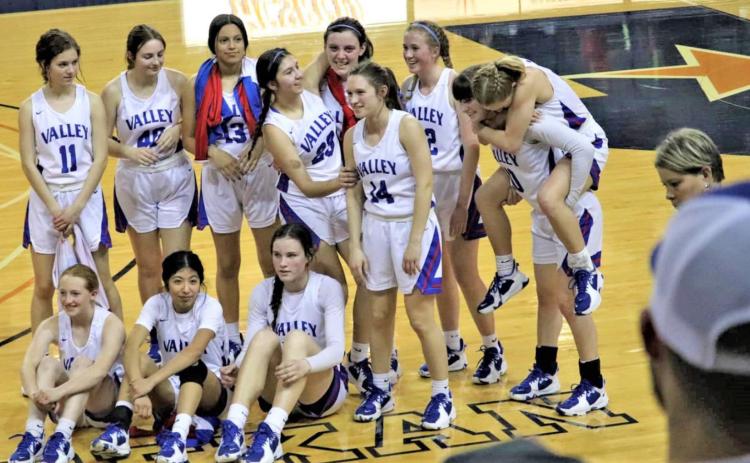 CELEBRATING REGIONAL FINALS WIN The Valley Lady Patriots celebrated their win over the Borden County Lady Coyotes in the regional finals in the Texan Dome at South Plains College in Levelland. They were stopped one game from the State Championship Finals in the Alamodome next week by #1 in the state Sands on Saturday afternoon. | COURTESY PHOTO