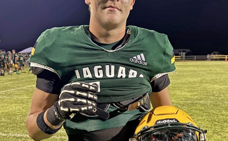 Senior Kaleb Green earned the Texas 1A Fan Helmet Sticker following the Guthrie Jaguars’ 45-0 win over Woodson Sept. 11, bringing their season record to 2-1. | TEXAS 1A FAN PHOTOS
