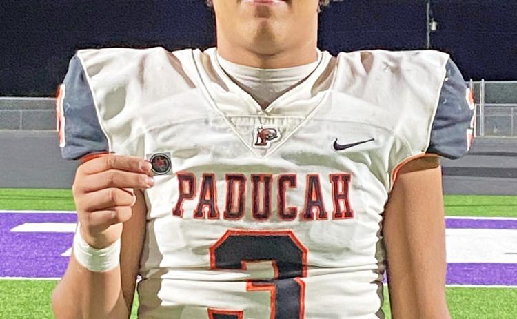 PLAYOFF STANDOUT Texas 1A Fan Helmet Sticker winner for the Bi-District roundThursday game was freshman Darren Mackey of Paducah. | TEXAS 1A FAN PHOTO