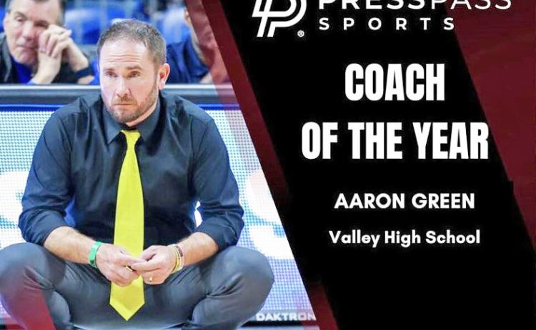 to Valley boys basketball coach Aaron Green for being named Coach of the Year by Press Pass Sports. | COURTESY GRAPHIC