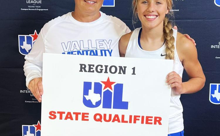 Valley’s Hartley Battey, shown with Coach Amy Bowles (left), placed in the top 10 with a time of 13:26.2 at the Regional cross country meet last week in Lubbock, qualifying her for State competition. | COURTESY PHOTO