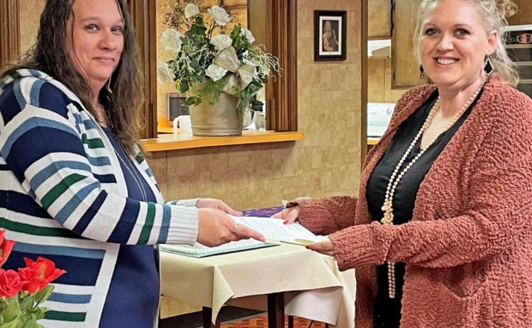 CERTIFICATE OF MEMBERSHIP into the Delta Kappa Gamma Society International was presented by Stephanie Martinez to Candace Zarate, both of Spur. | COURTESY PHOTOS