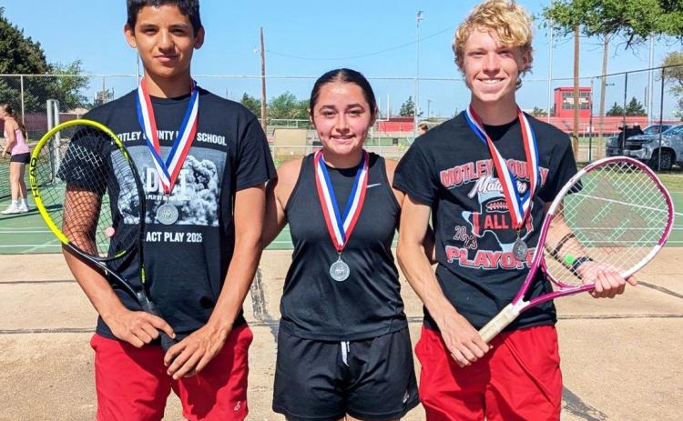 REGIONAL BOUND Motley County won both sets of playback matches in District tennis last week. Aaron Cates, Liz Morales and Karmelo Guzman are all headed to Regionals. | COURTESY PHOTOS