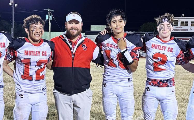 MOTLEY SENIORS Senior players have anchored this year’s playoff-bound Motley County Matadors. Shown with head coach Mike Bigham are #6 Ayden Roys, #12 Kadyn Roys, #10 Bubba Quilimaco, #2 AidanTaylor and #14 Kody Cates.The Matadors face the Benjamin Mustangs in the playoffs Friday night in Matador. | COURTESY PHOTO